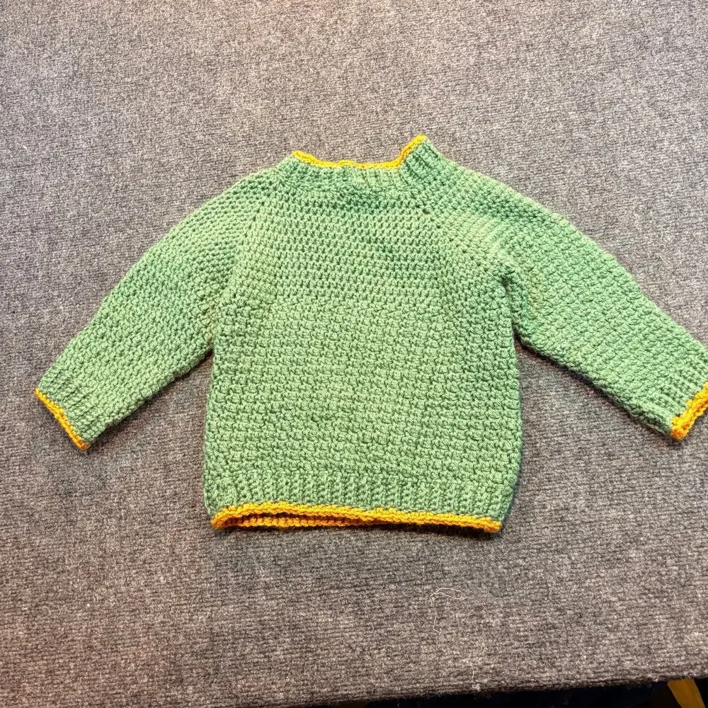 Hand Knit Green Sweater Yellow Trim Crewneck Pullover Kids Size Small